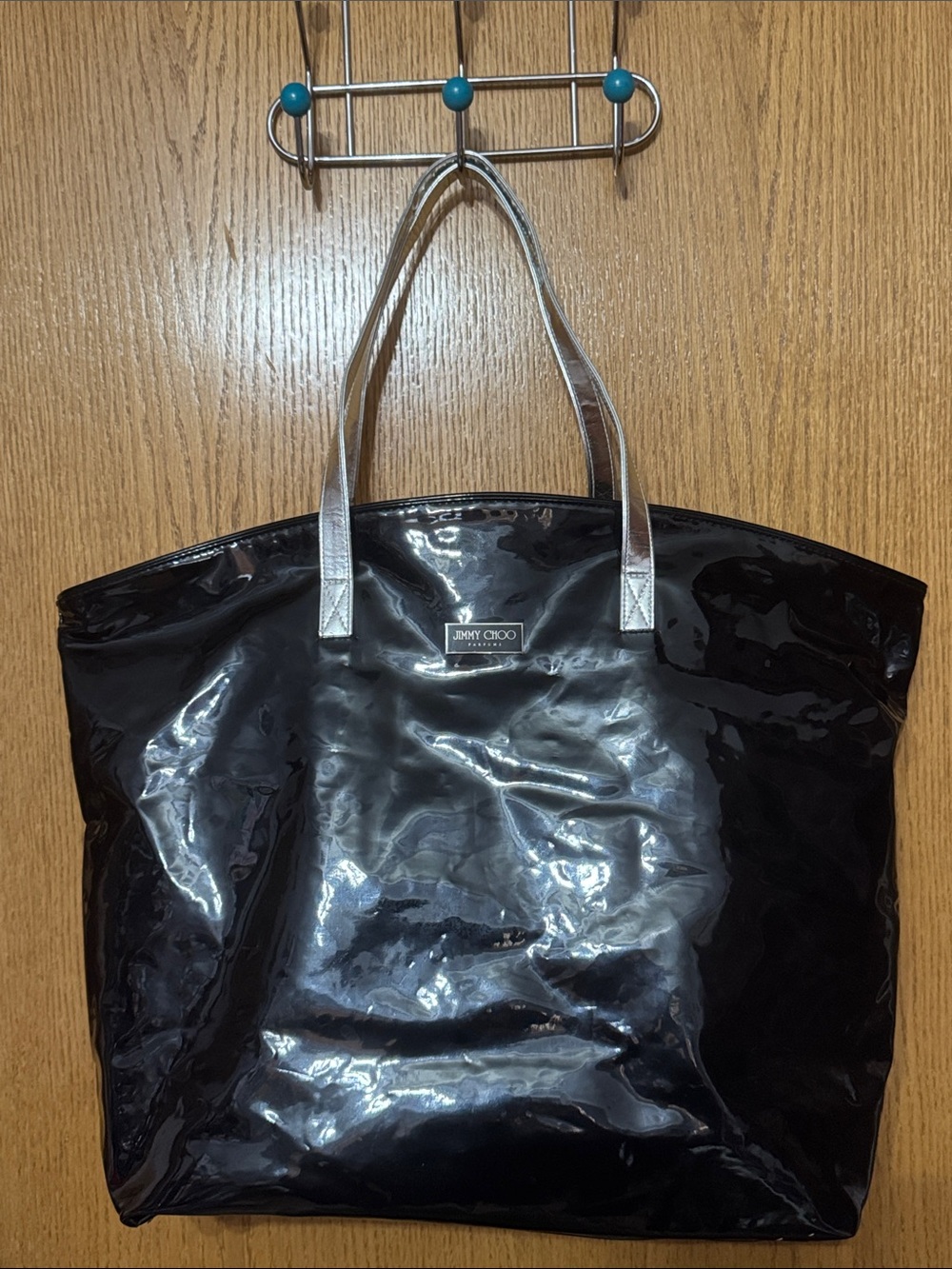 Jimmy Choo Black Patent Tote with Silver Straps